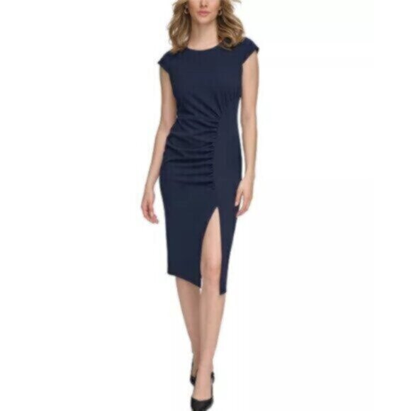 NWT Calvin Klein Side-Ruched Scuba Crepe Sheath Dress - Picture 17 of 17